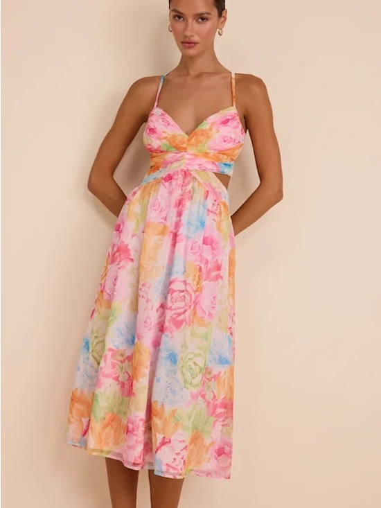 Lulus Dresses & Skirts - Lulu's Pastel Floral Cutout Midi Dress - Pink Multi